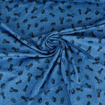 Preview: Baumwoll Jersey Happy Metal by Steinbeck Schrauben & Muttern auf Royalblau